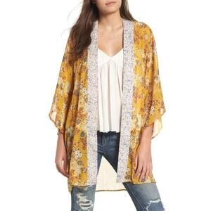 NEW Band of Gypsies Mix Print Yellow Floral Open Sheer Lightweight Kimono XS